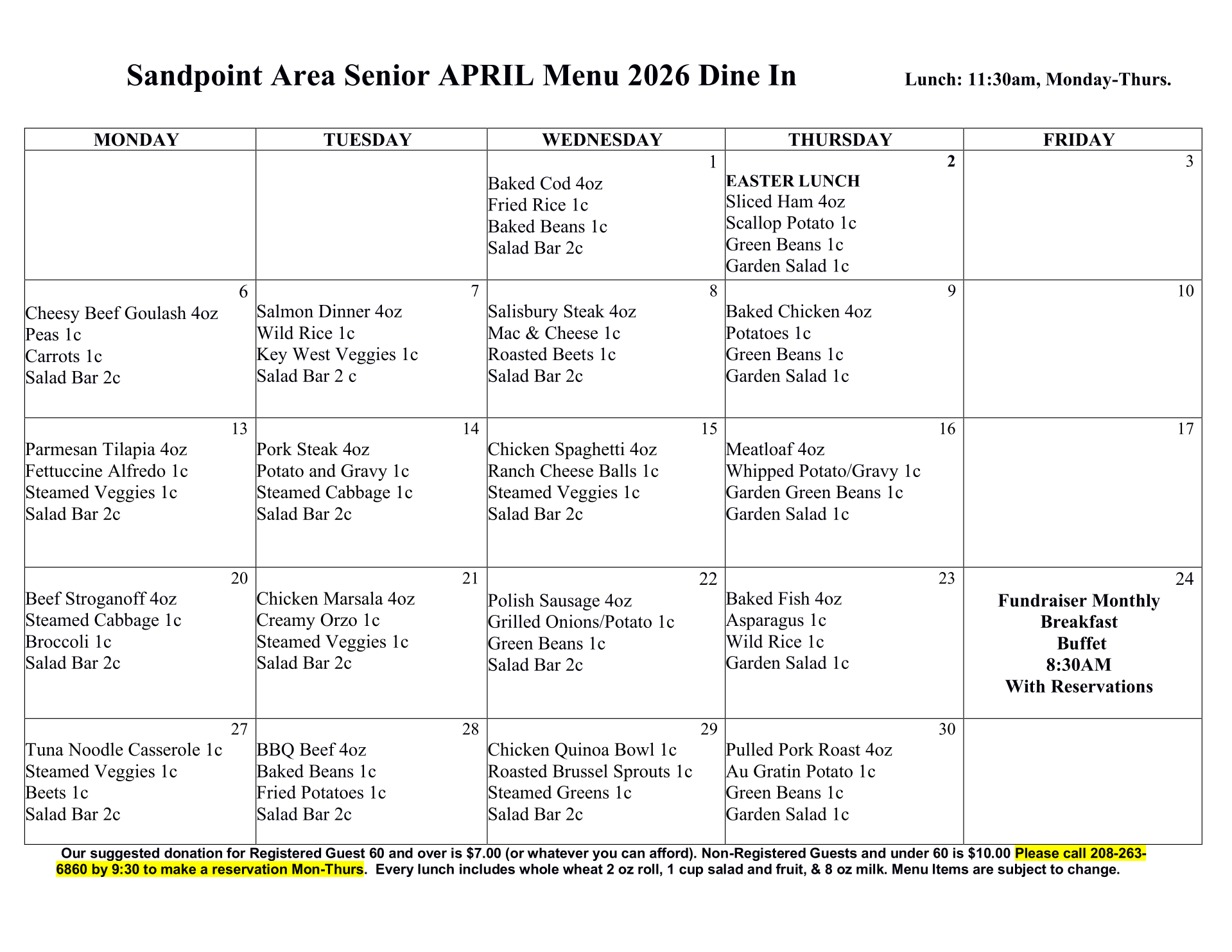 April 2026 SASi Meal Menu