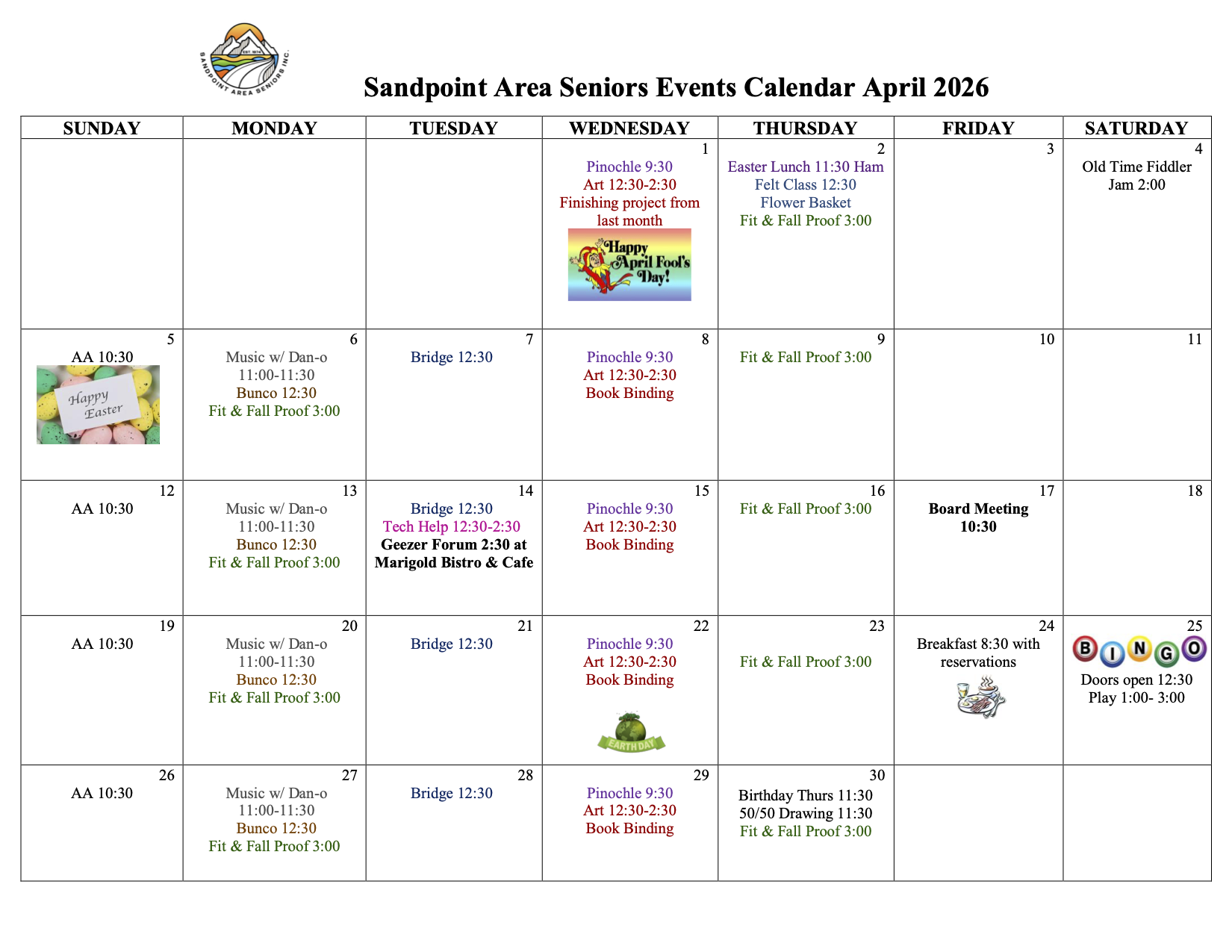 April activities calendar at SASi